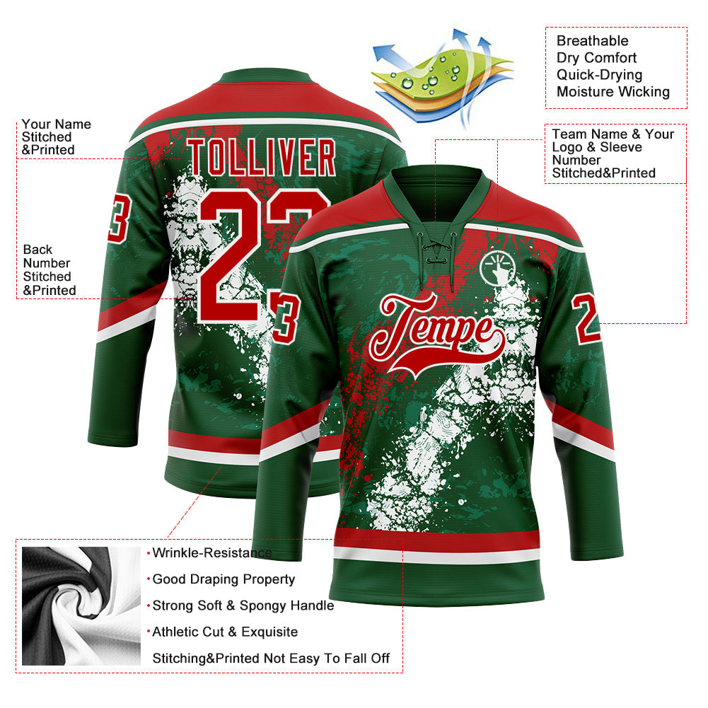 Custom Green Red-White 3D Splash Art Hockey Lace Neck Jersey view 3