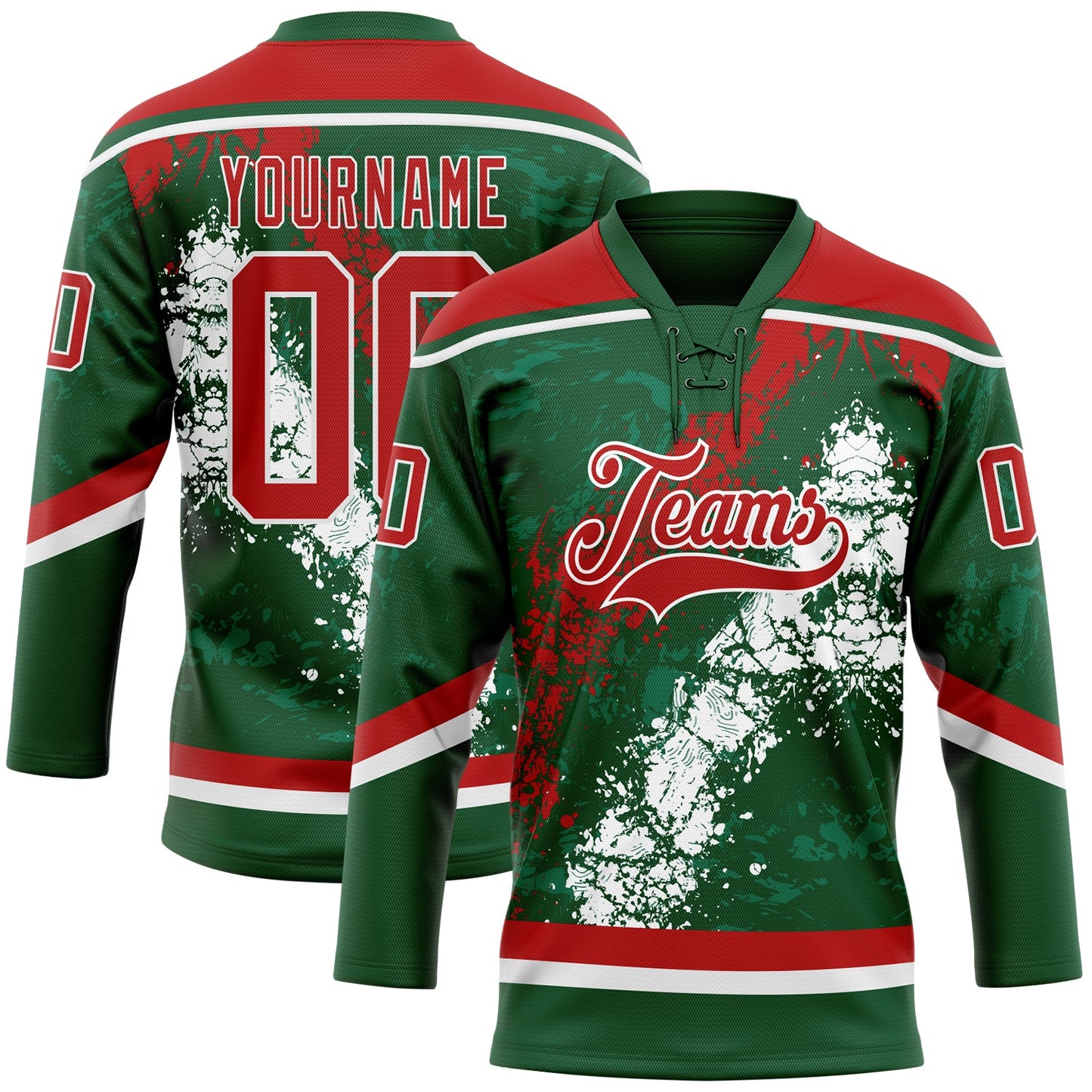 Custom Green Red-White 3D Splash Art Hockey Lace Neck Jersey - Main View