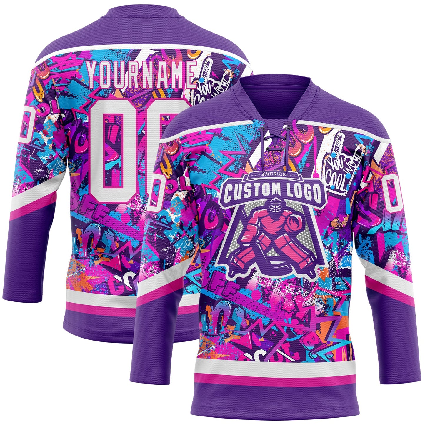Custom Graffiti Pattern White Purple-Deep Pink 3D Pattern Scratch Hockey Lace Neck Jersey view 2