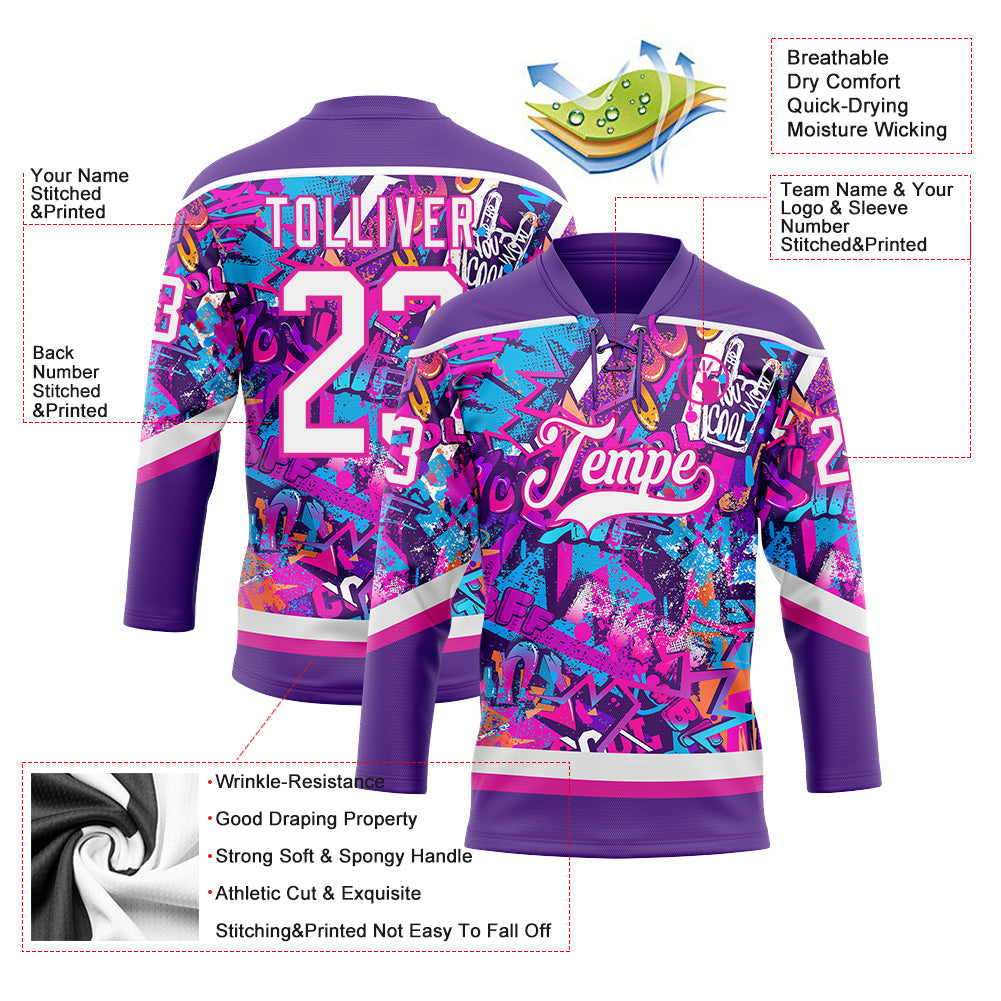 Custom Graffiti Pattern White Purple-Deep Pink 3D Pattern Scratch Hockey Lace Neck Jersey view 3
