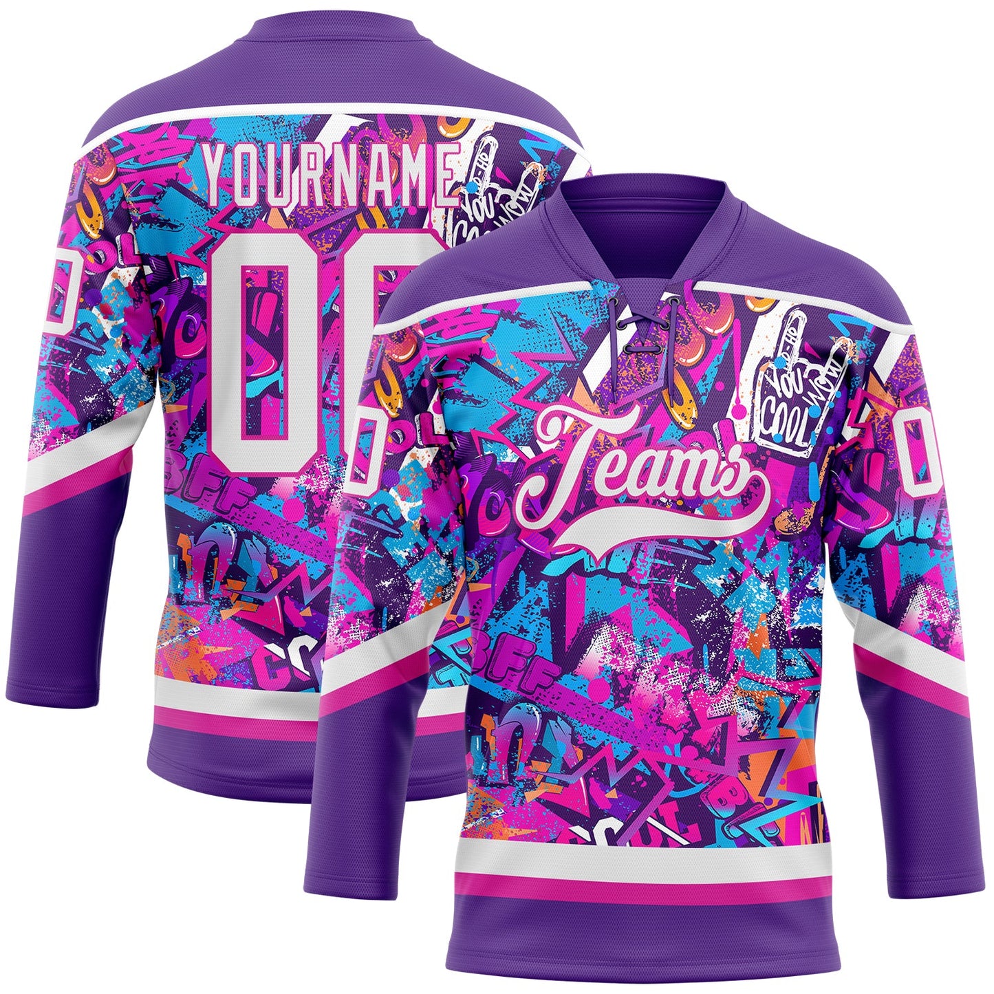 Custom Graffiti Pattern White Purple-Deep Pink 3D Pattern Scratch Hockey Lace Neck Jersey - Main View