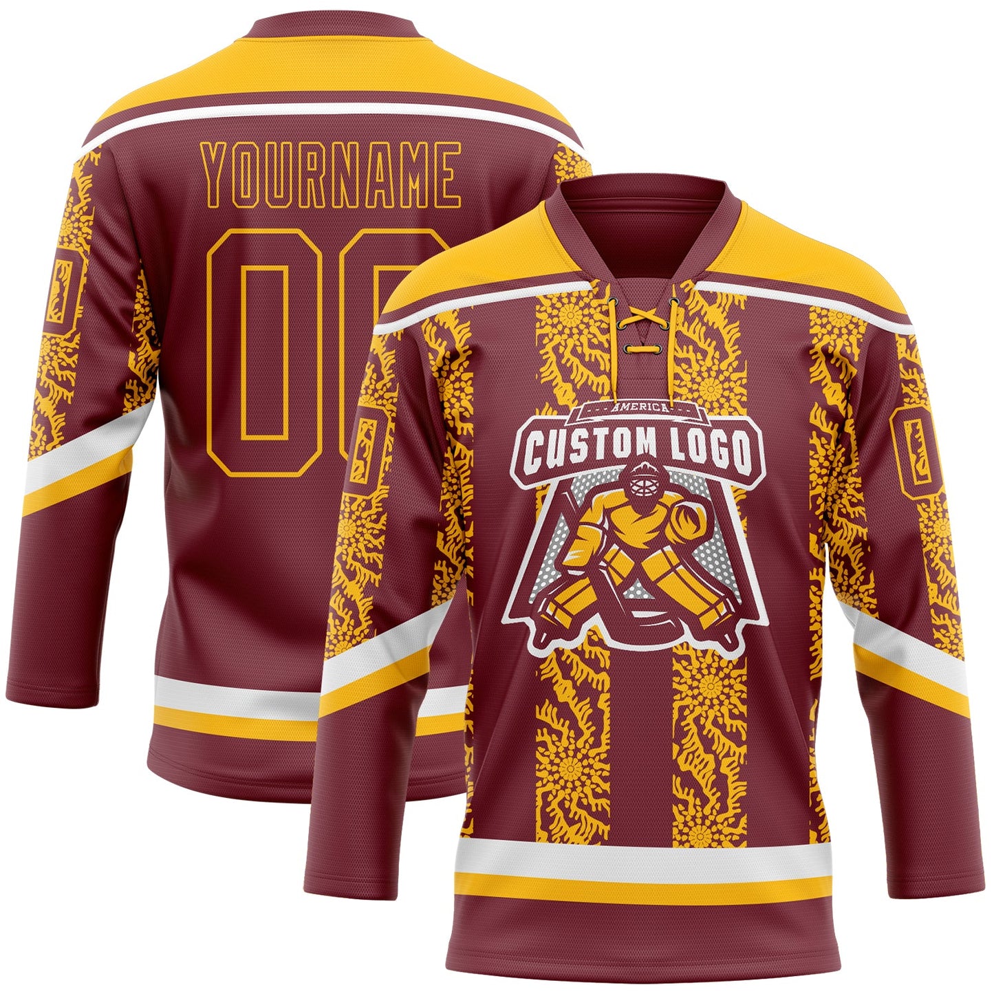 Custom Burgundy Gold-White 3D Pattern Abstract Shape Hockey Lace Neck Jersey view 2