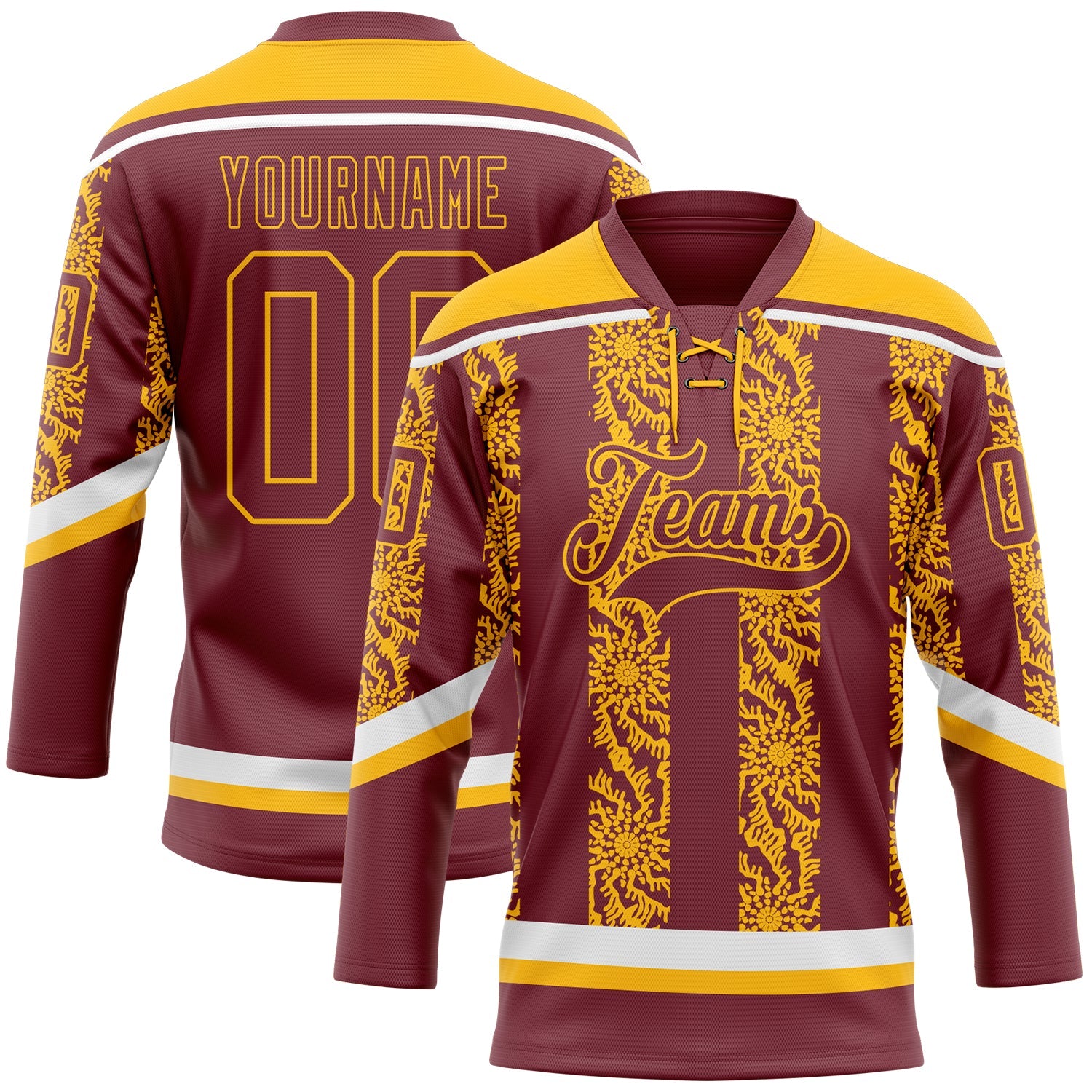 Custom Burgundy Gold-White 3D Pattern Abstract Shape Hockey Lace Neck Jersey - Main View