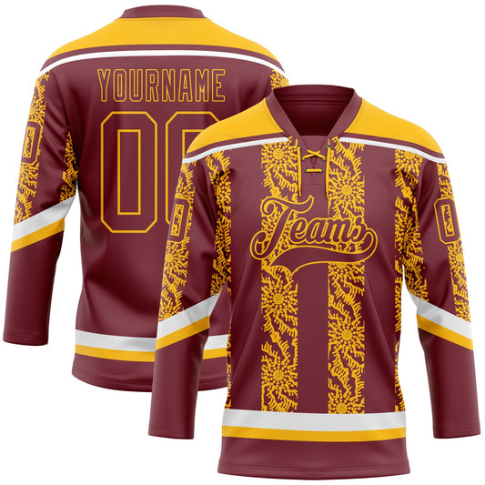 Custom Burgundy Gold-White 3D Pattern Abstract Shape Hockey Lace Neck Jersey - Main View