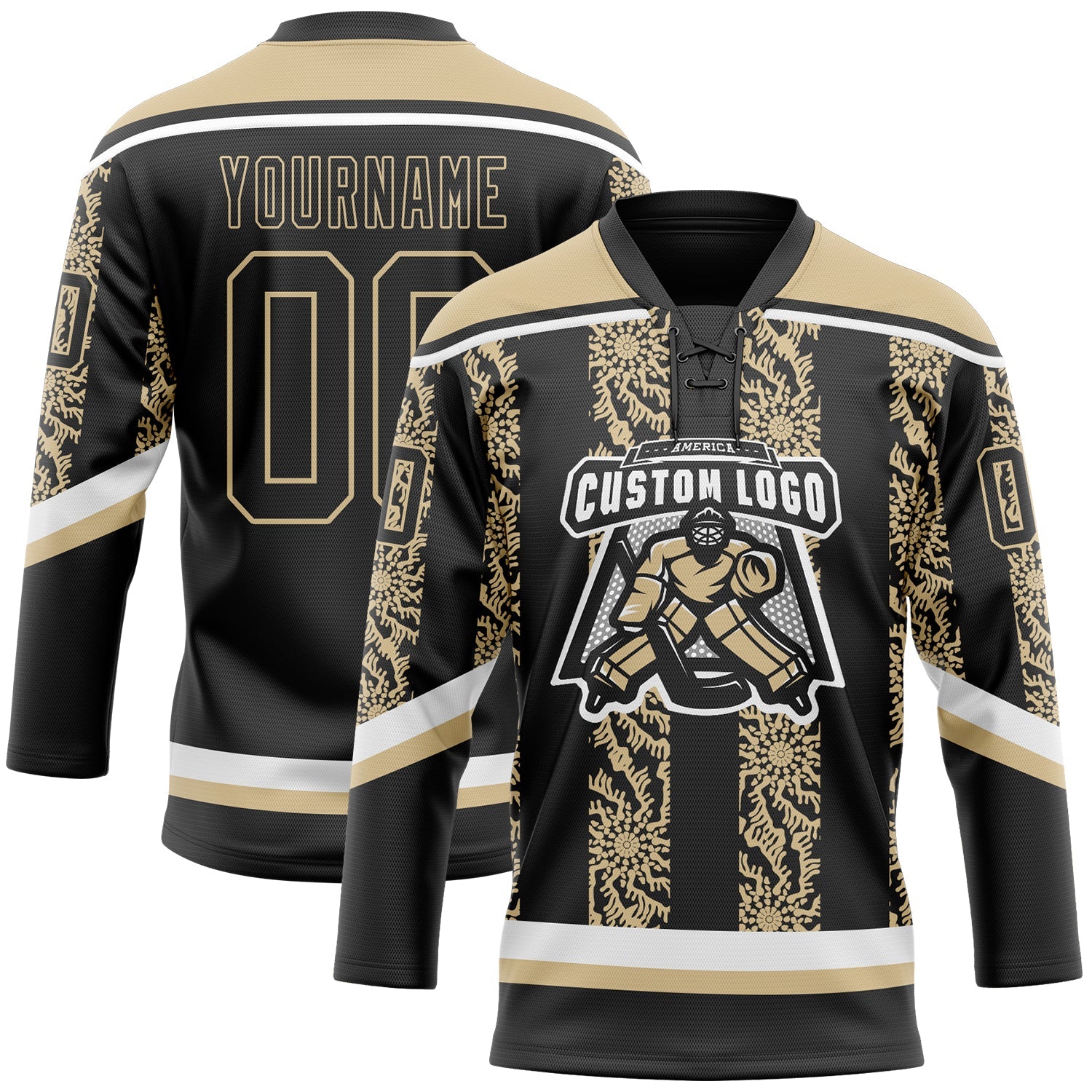 Custom Black Vegas Gold-White 3D Pattern Abstract Shape Hockey Lace Neck Jersey view 2
