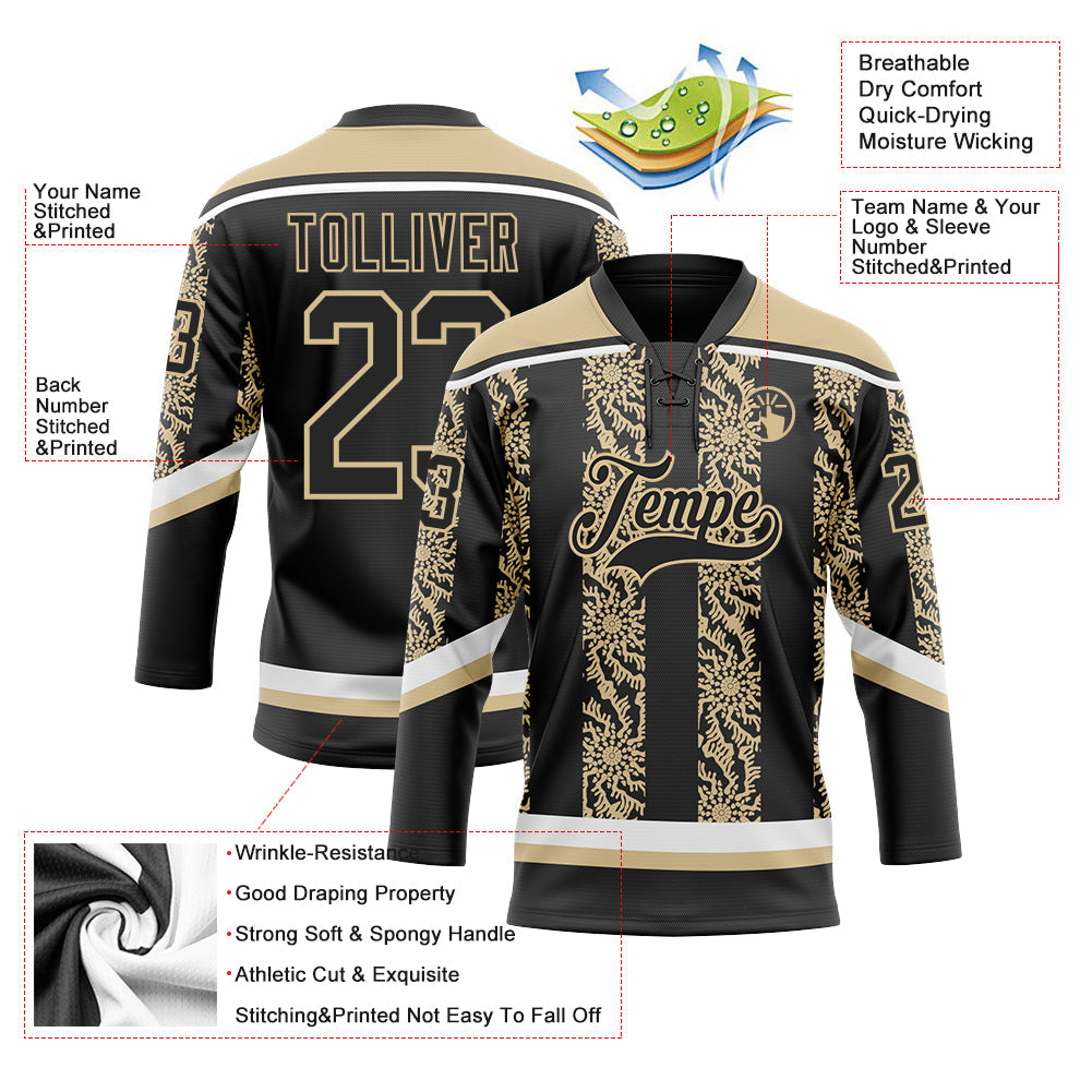 Custom Black Vegas Gold-White 3D Pattern Abstract Shape Hockey Lace Neck Jersey view 3