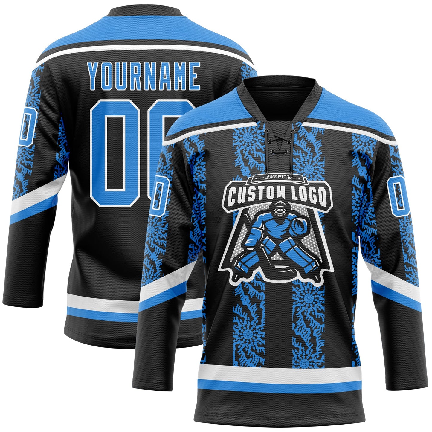 Custom Black Powder Blue-White 3D Pattern Abstract Shape Hockey Lace Neck Jersey view 2