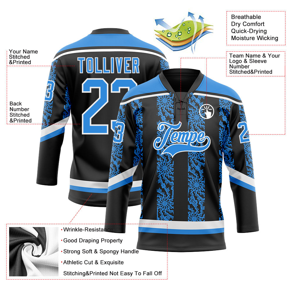 Custom Black Powder Blue-White 3D Pattern Abstract Shape Hockey Lace Neck Jersey view 3