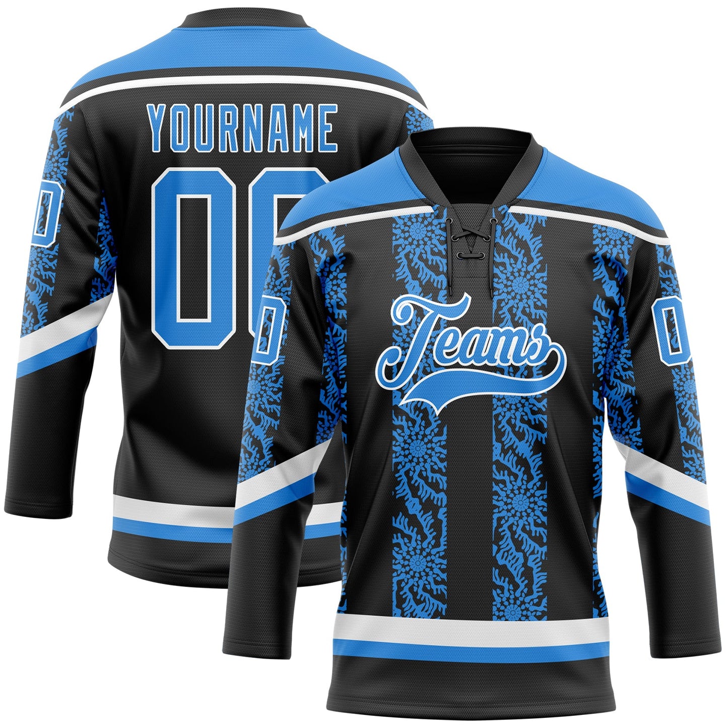 Custom Black Powder Blue-White 3D Pattern Abstract Shape Hockey Lace Neck Jersey - Main View
