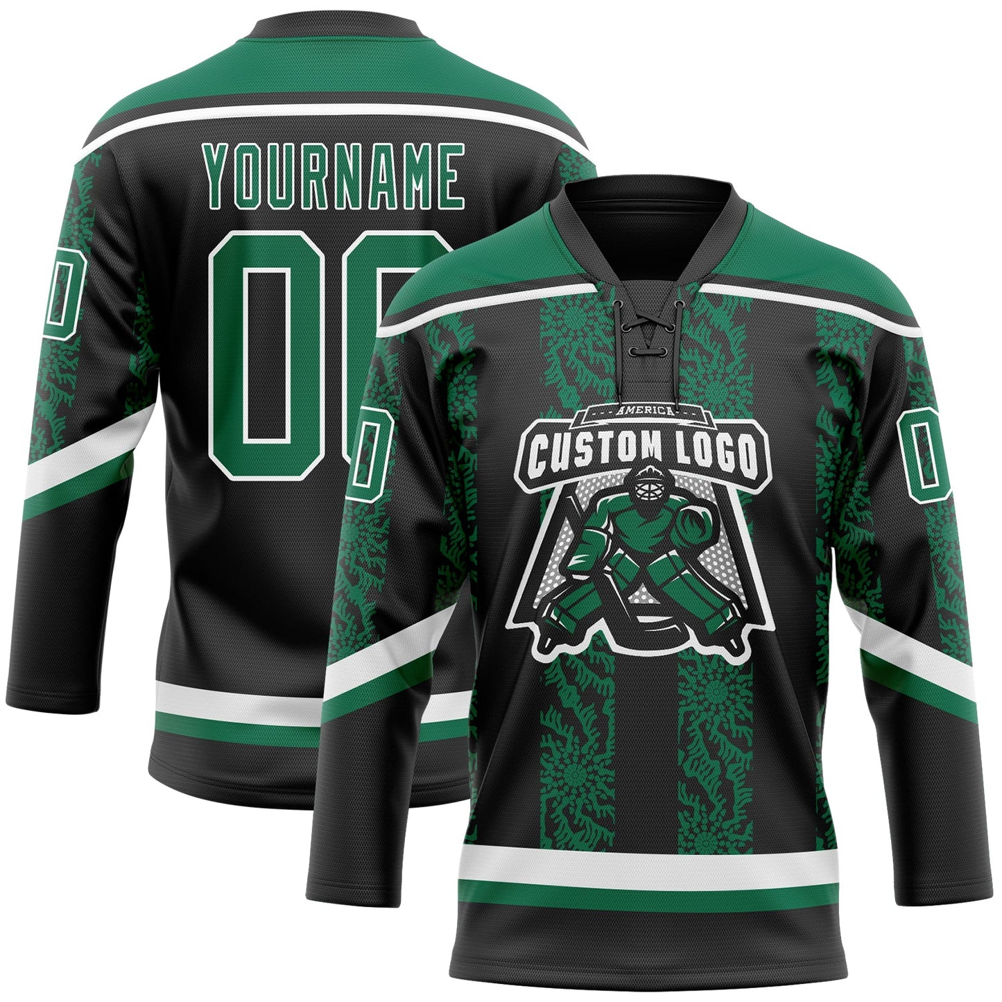 Custom Black Kelly Green-White 3D Pattern Abstract Shape Hockey Lace Neck Jersey view 2