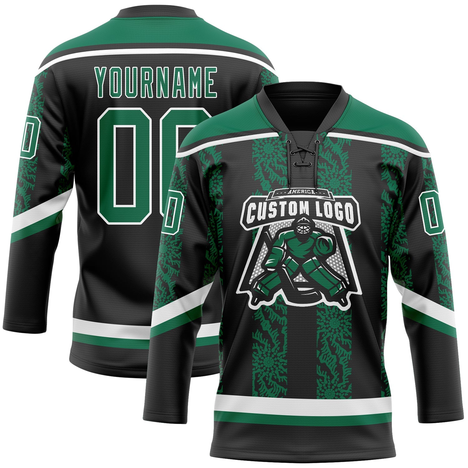 Custom Black Kelly Green-White 3D Pattern Abstract Shape Hockey Lace Neck Jersey view 2