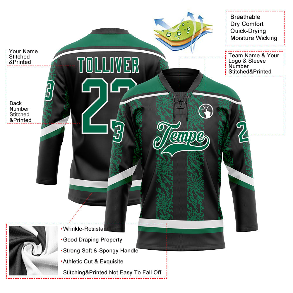 Custom Black Kelly Green-White 3D Pattern Abstract Shape Hockey Lace Neck Jersey view 3