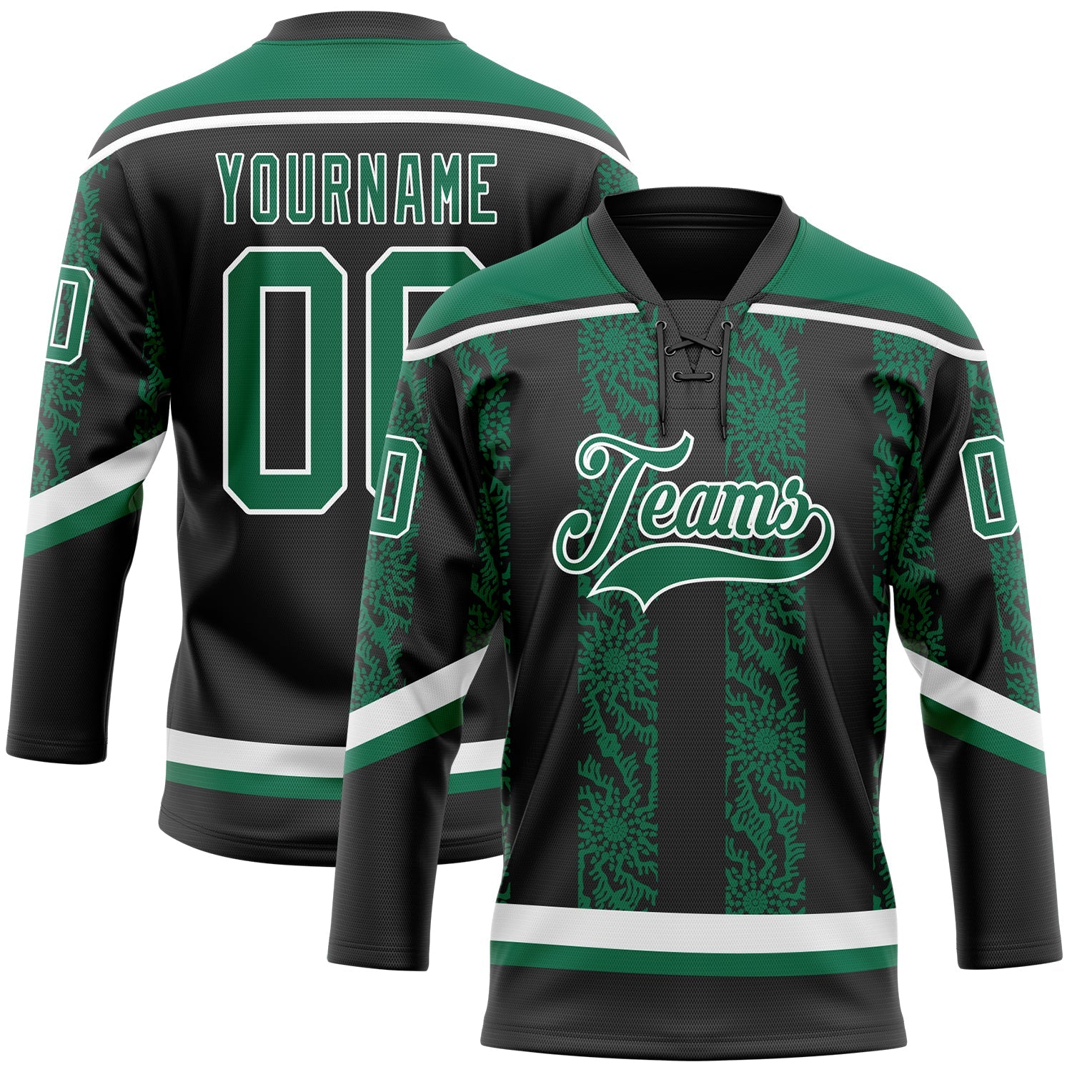 Custom Black Kelly Green-White 3D Pattern Abstract Shape Hockey Lace Neck Jersey - Main View