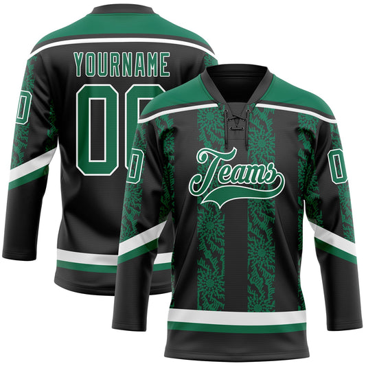 Custom Black Kelly Green-White 3D Pattern Abstract Shape Hockey Lace Neck Jersey - Main View