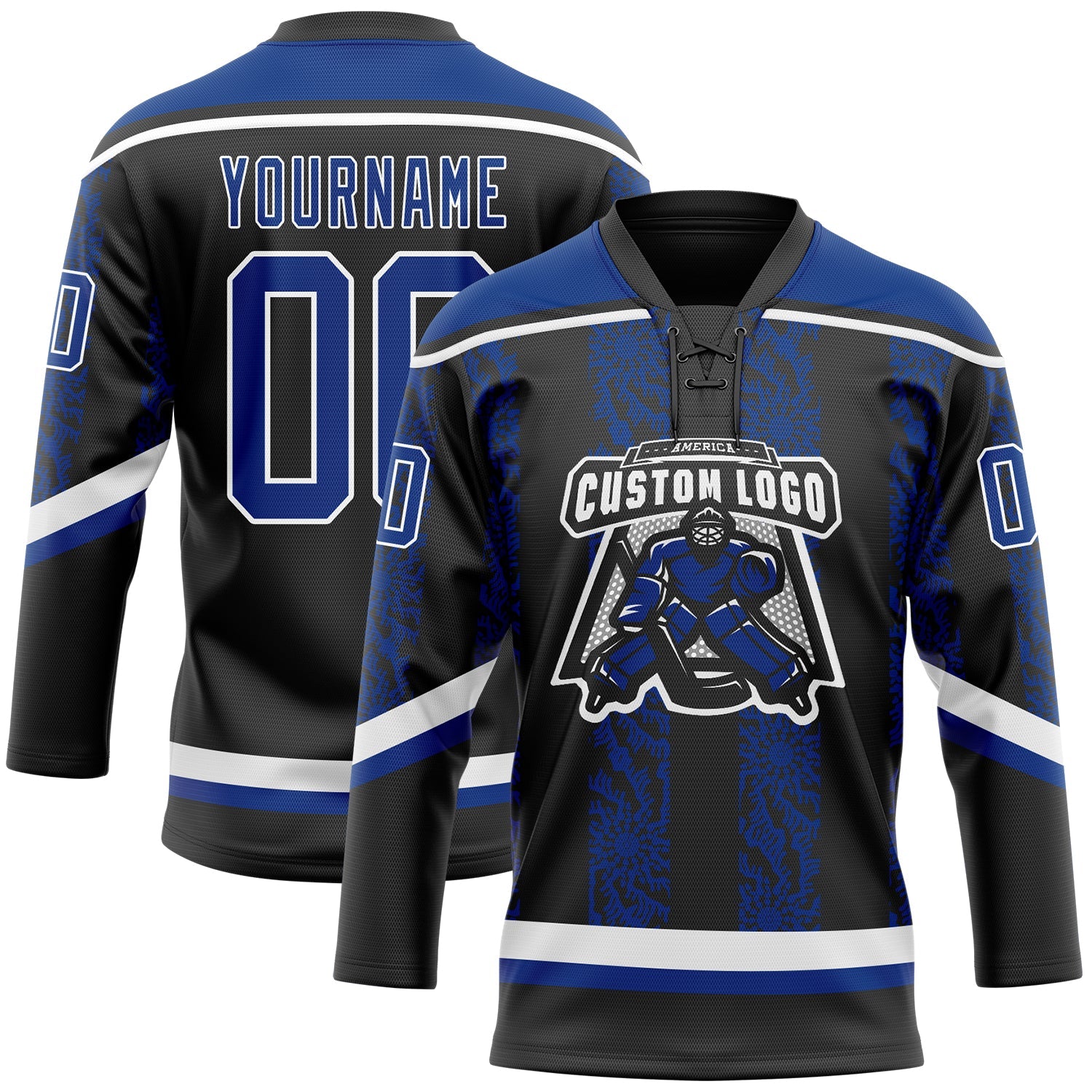 Custom Black Royal-White 3D Pattern Abstract Shape Hockey Lace Neck Jersey view 2