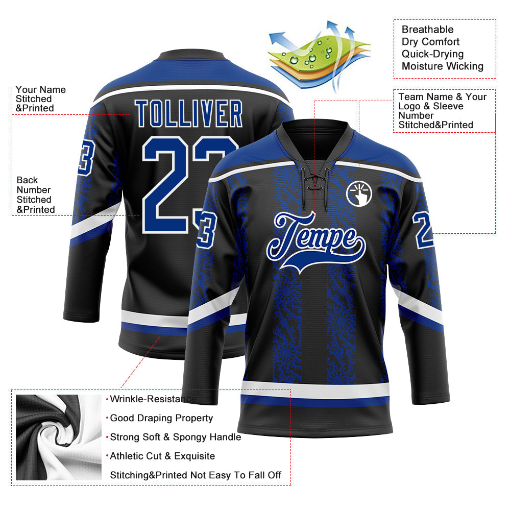Custom Black Royal-White 3D Pattern Abstract Shape Hockey Lace Neck Jersey view 3