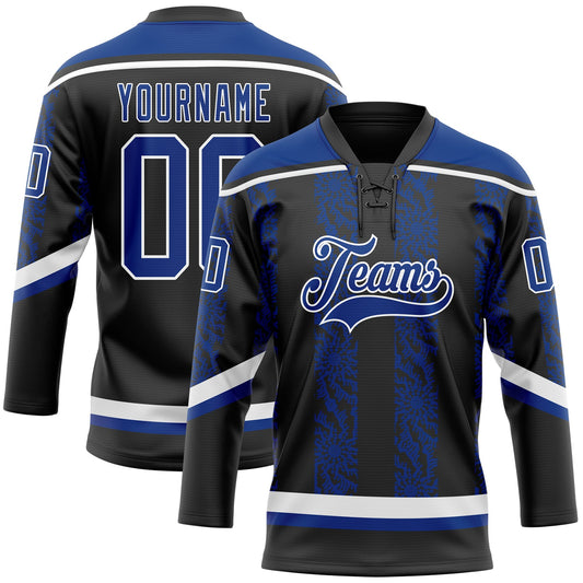 Custom Black Royal-White 3D Pattern Abstract Shape Hockey Lace Neck Jersey - Main View