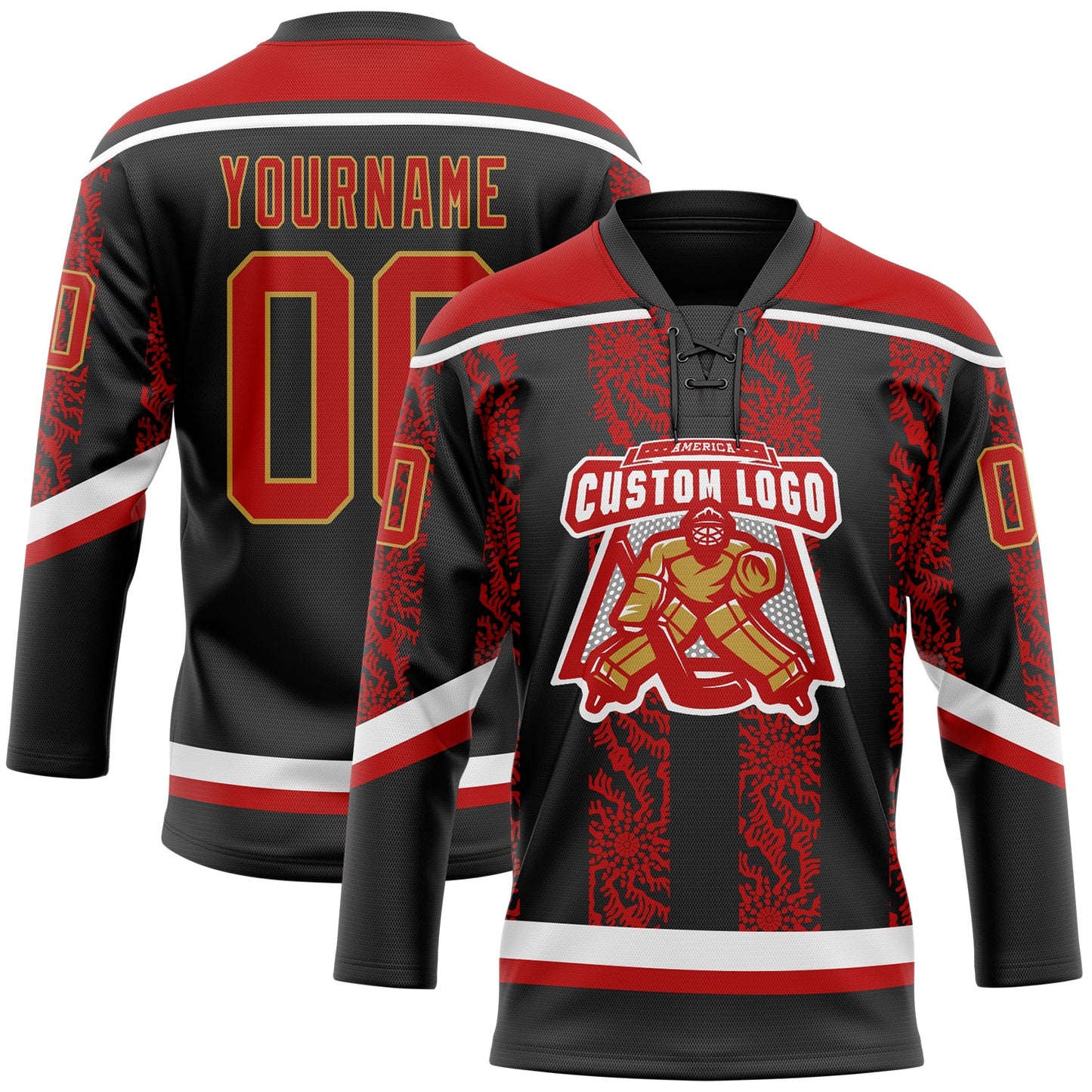 Custom Black Red Old Gold-White 3D Pattern Abstract Shape Hockey Lace Neck Jersey view 2