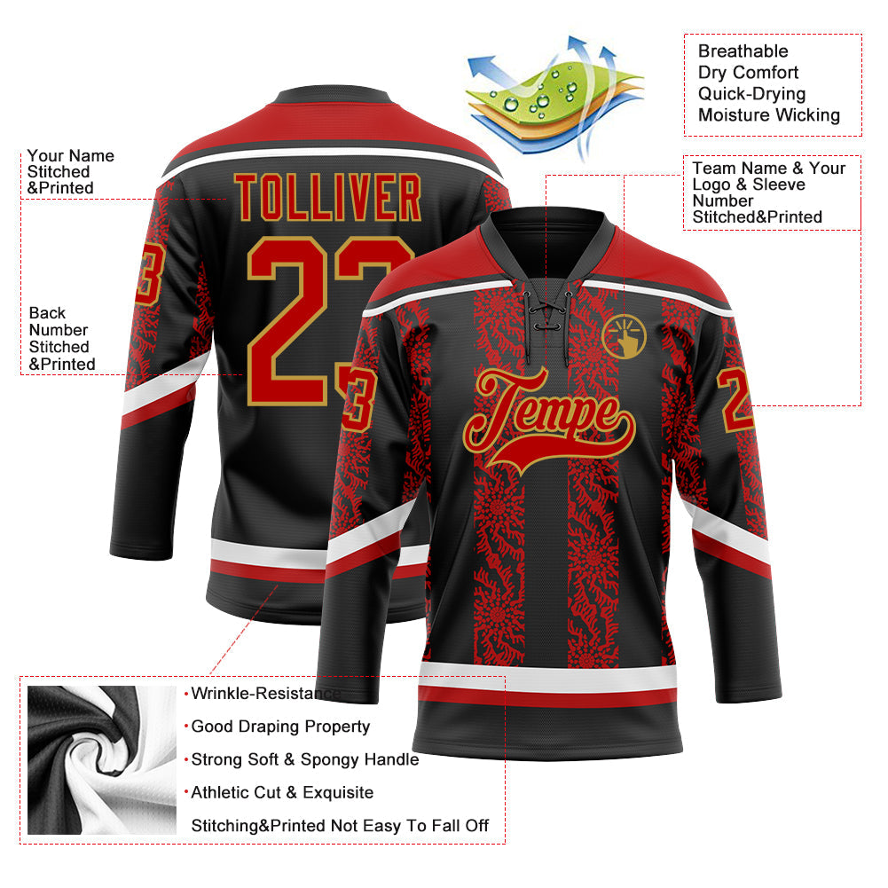 Custom Black Red Old Gold-White 3D Pattern Abstract Shape Hockey Lace Neck Jersey view 3