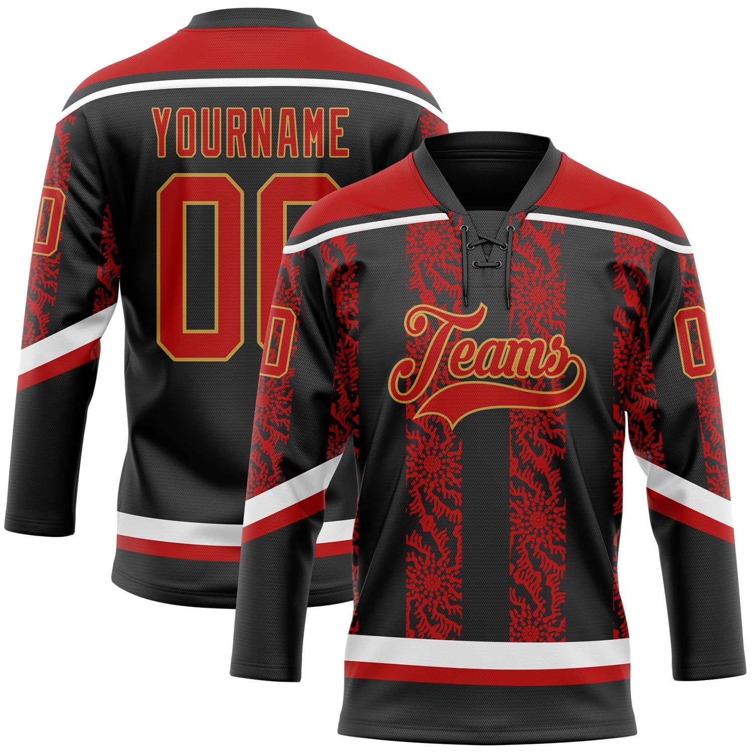 Custom Black Red Old Gold-White 3D Pattern Abstract Shape Hockey Lace Neck Jersey - Main View