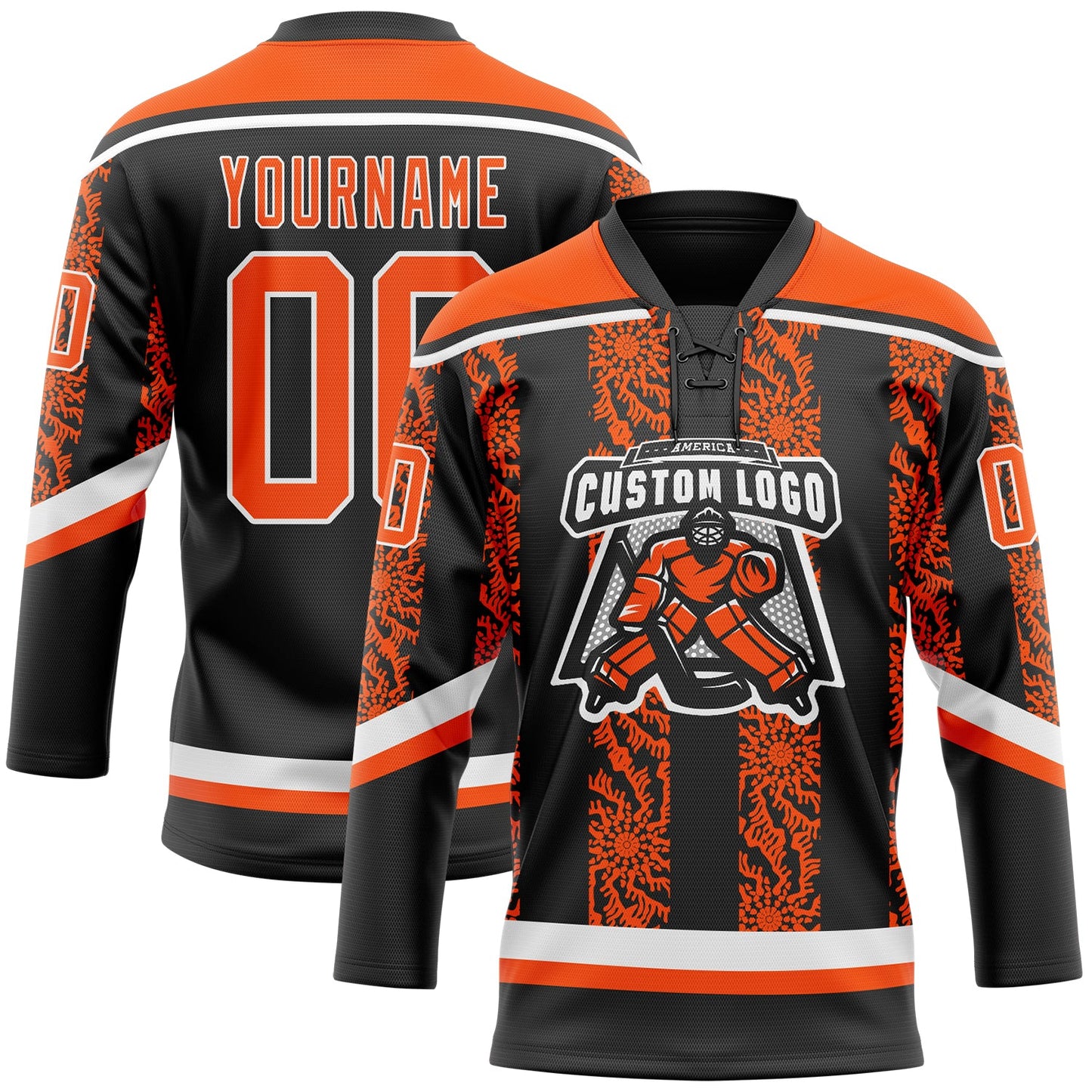 Custom Black Orange-White 3D Pattern Abstract Shape Hockey Lace Neck Jersey view 2