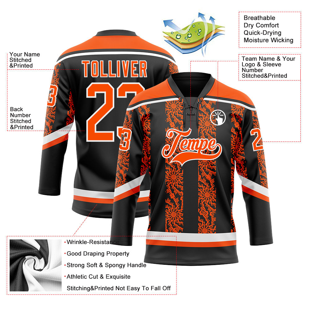 Custom Black Orange-White 3D Pattern Abstract Shape Hockey Lace Neck Jersey view 3