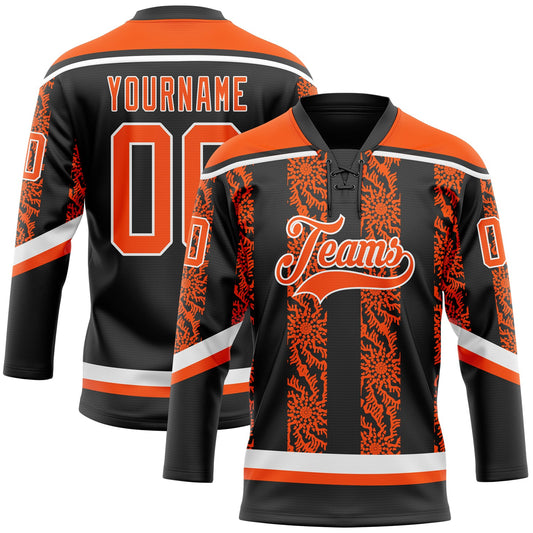 Custom Black Orange-White 3D Pattern Abstract Shape Hockey Lace Neck Jersey - Main View