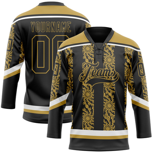 Custom Black Old Gold-White 3D Pattern Abstract Shape Hockey Lace Neck Jersey - Main View