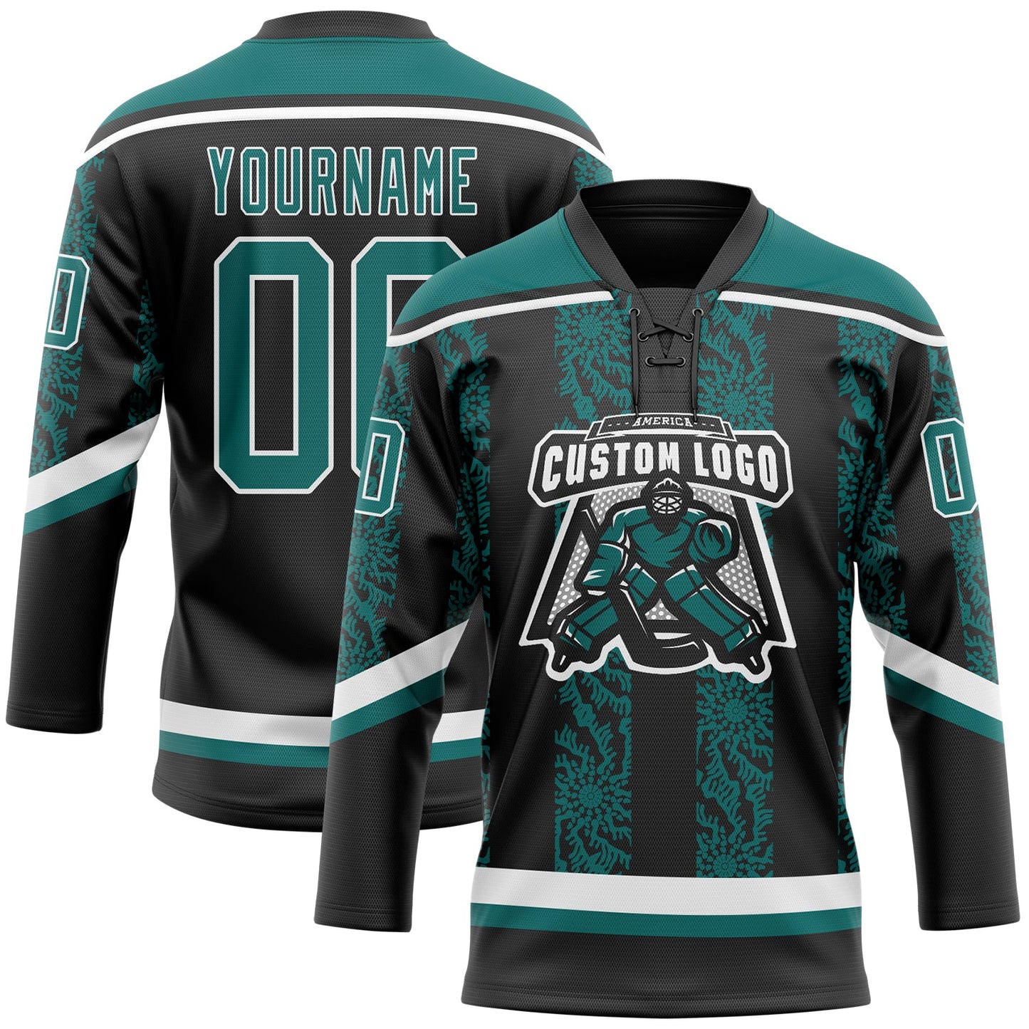 Custom Black Teal-White 3D Pattern Abstract Shape Hockey Lace Neck Jersey view 2