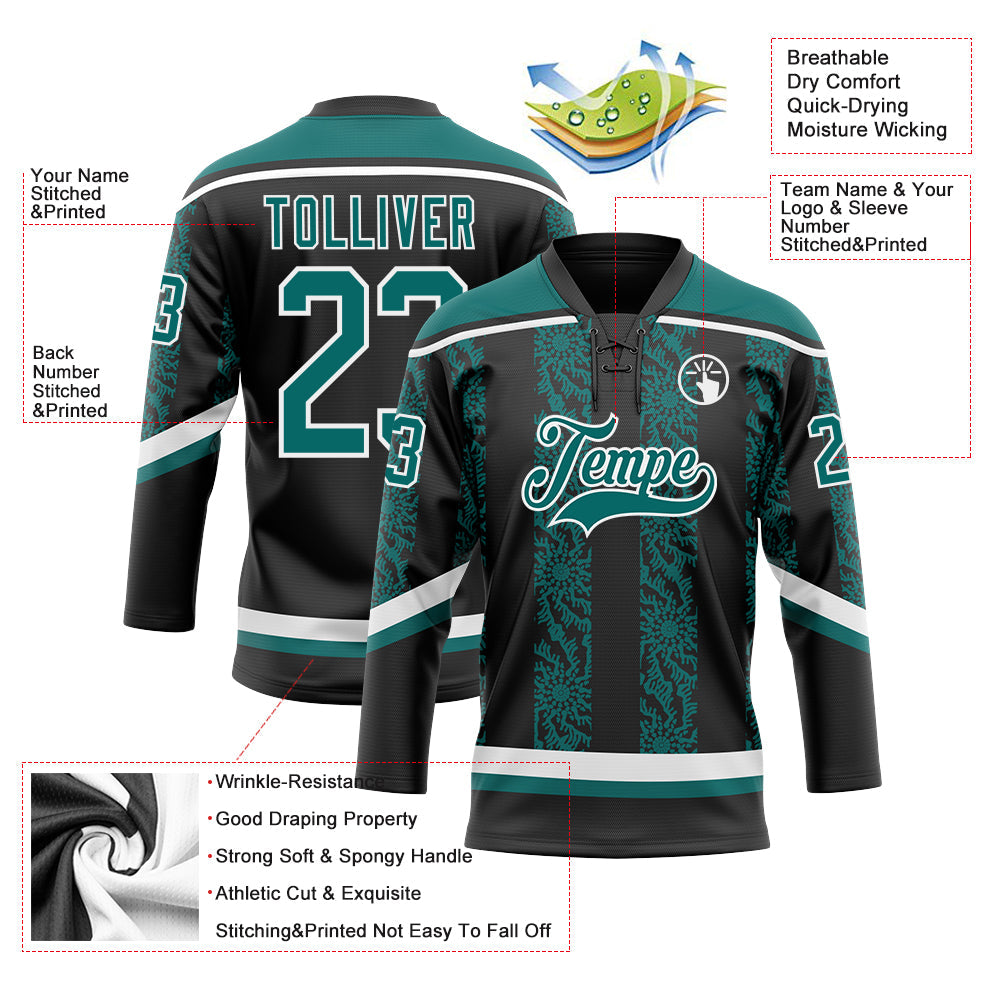 Custom Black Teal-White 3D Pattern Abstract Shape Hockey Lace Neck Jersey view 3
