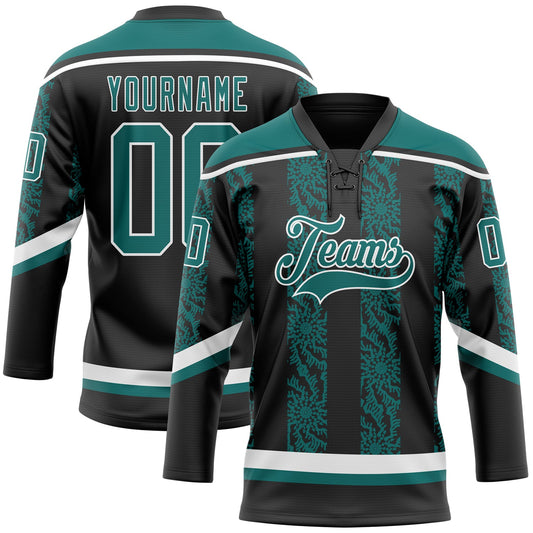 Custom Black Teal-White 3D Pattern Abstract Shape Hockey Lace Neck Jersey - Main View