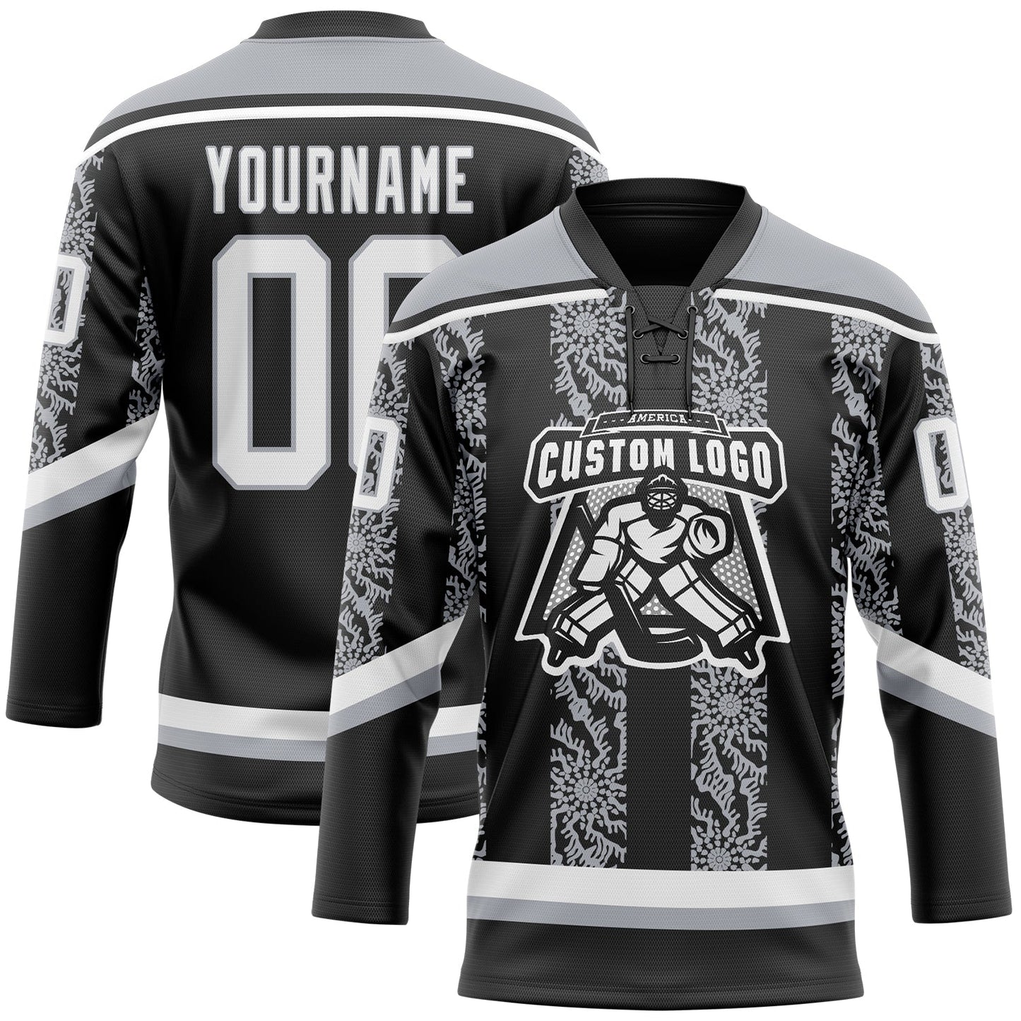 Custom Black White-Gray 3D Pattern Abstract Shape Hockey Lace Neck Jersey view 2