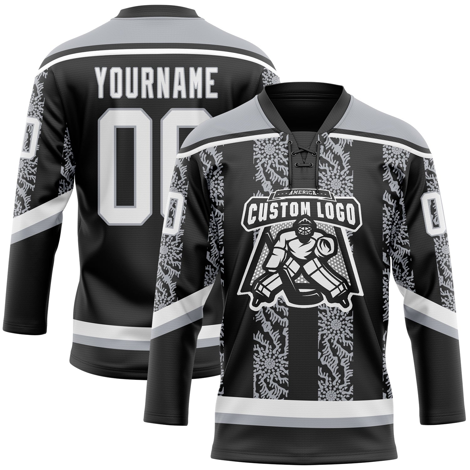Custom Black White-Gray 3D Pattern Abstract Shape Hockey Lace Neck Jersey view 2