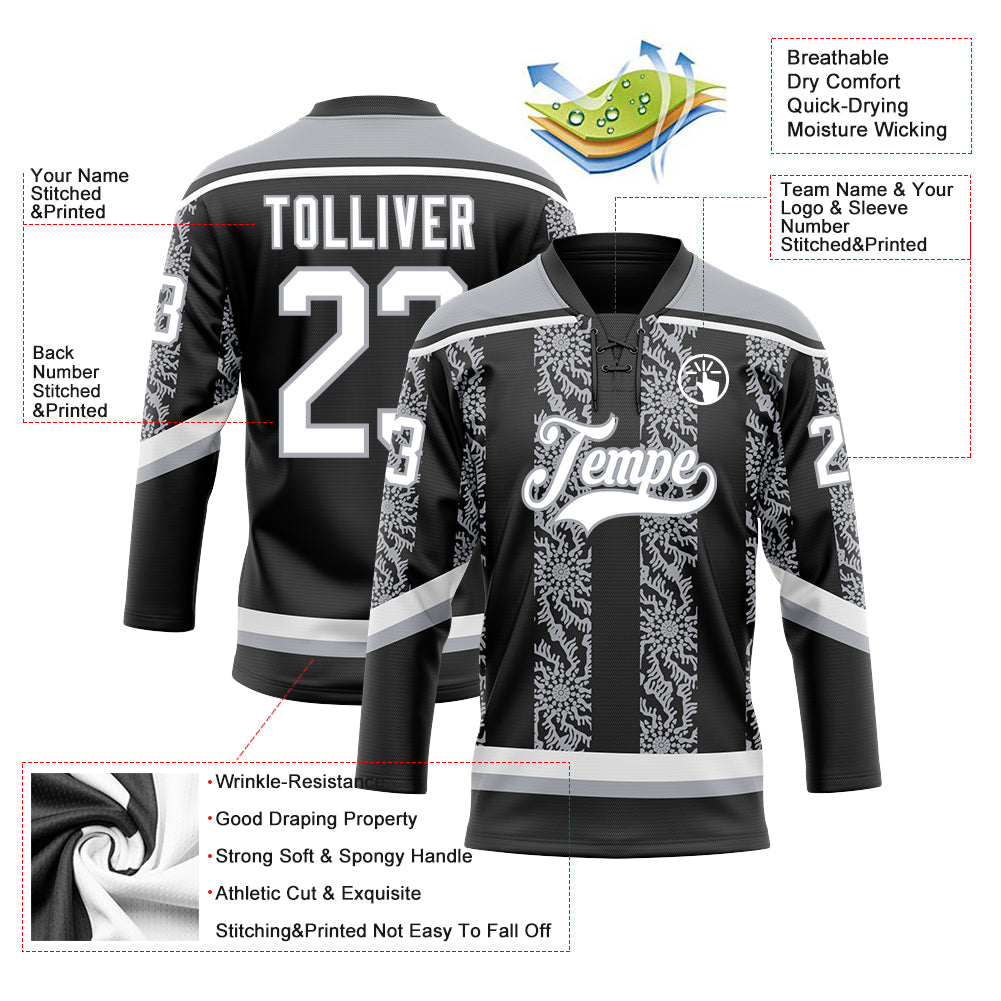Custom Black White-Gray 3D Pattern Abstract Shape Hockey Lace Neck Jersey view 3