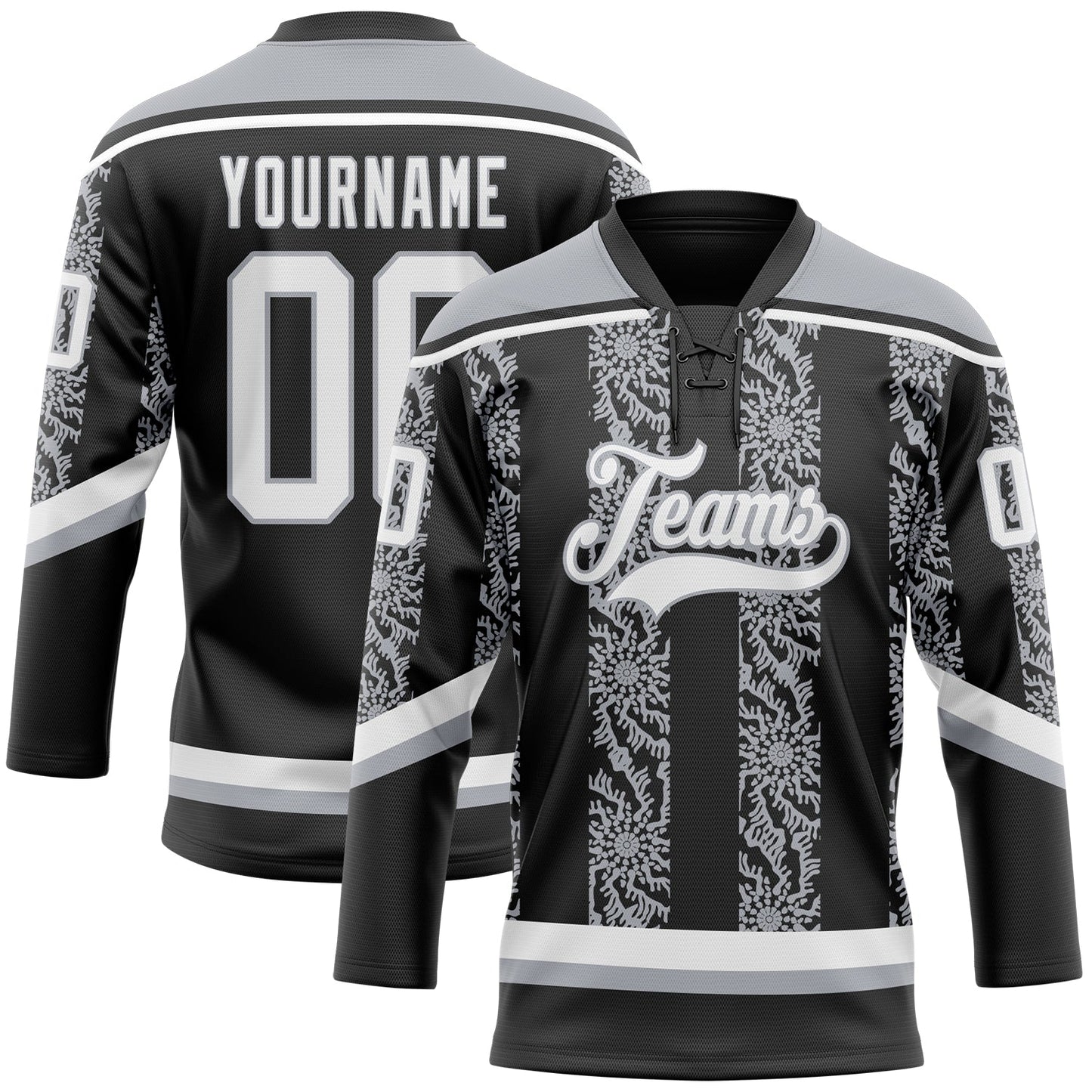 Custom Black White-Gray 3D Pattern Abstract Shape Hockey Lace Neck Jersey - Main View