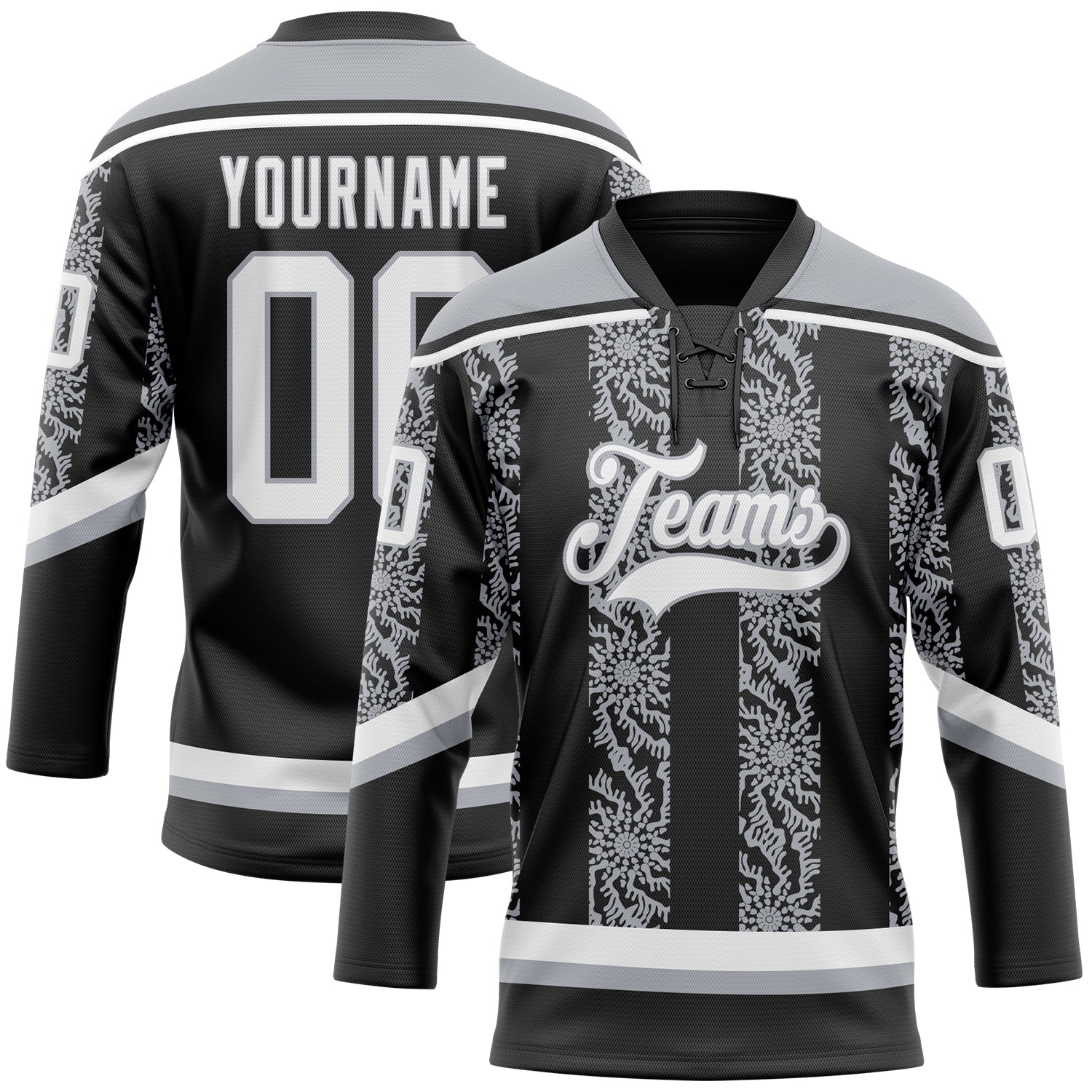 Custom Black White-Gray 3D Pattern Abstract Shape Hockey Lace Neck Jersey - Main View