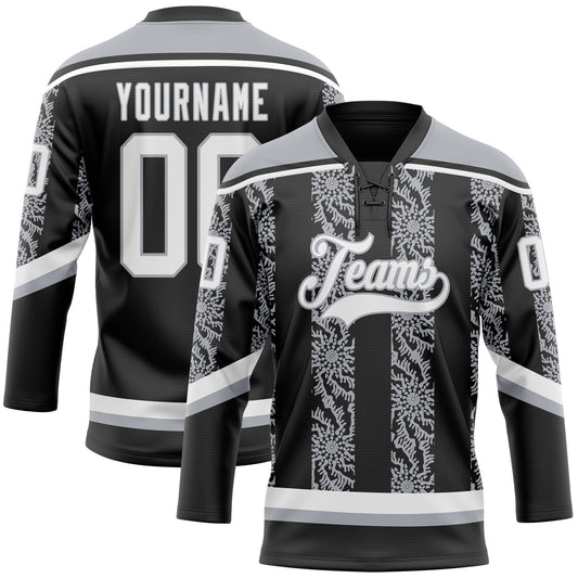 Custom Black White-Gray 3D Pattern Abstract Shape Hockey Lace Neck Jersey - Main View
