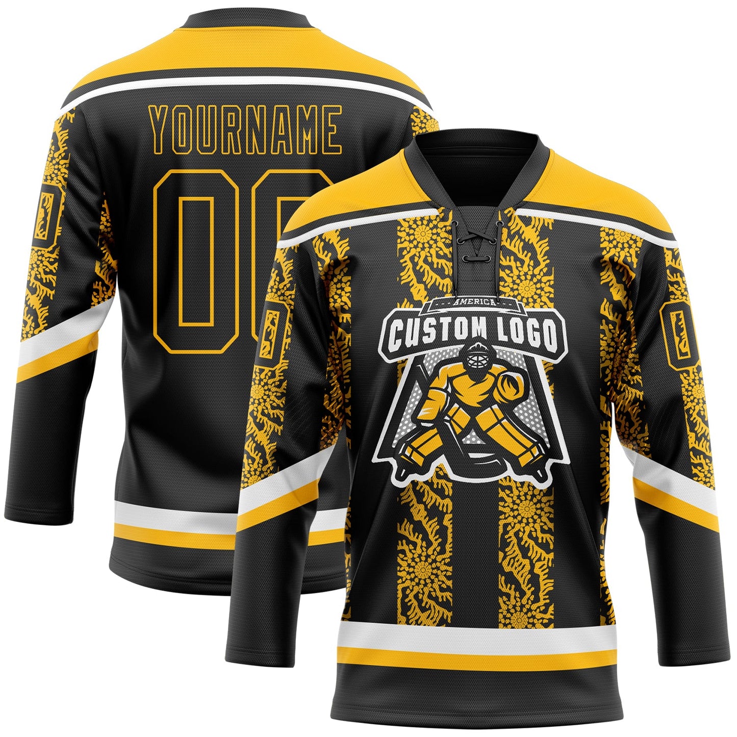Custom Black Gold-White 3D Pattern Abstract Shape Hockey Lace Neck Jersey view 2