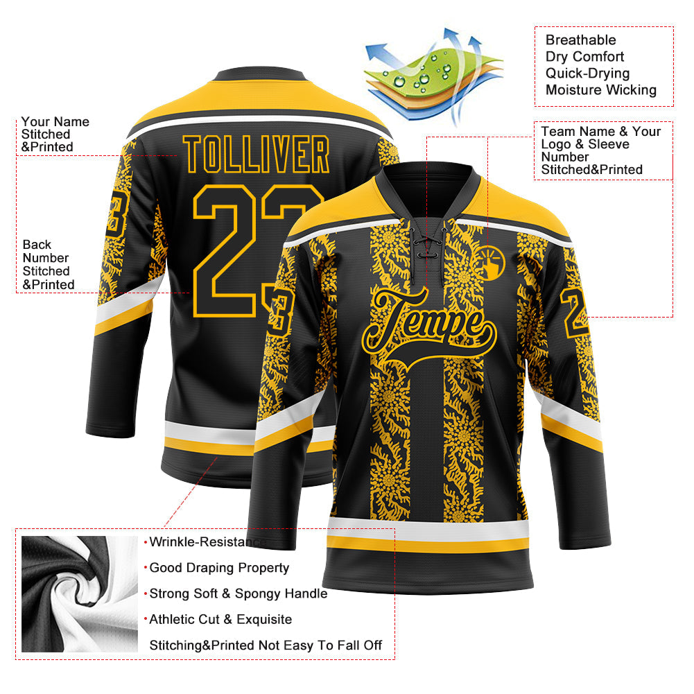 Custom Black Gold-White 3D Pattern Abstract Shape Hockey Lace Neck Jersey view 3