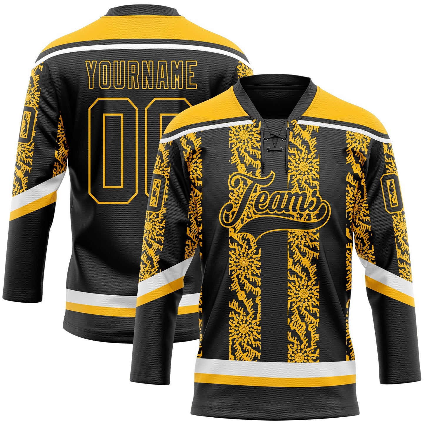 Custom Black Gold-White 3D Pattern Abstract Shape Hockey Lace Neck Jersey - Main View