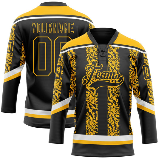 Custom Black Gold-White 3D Pattern Abstract Shape Hockey Lace Neck Jersey - Main View