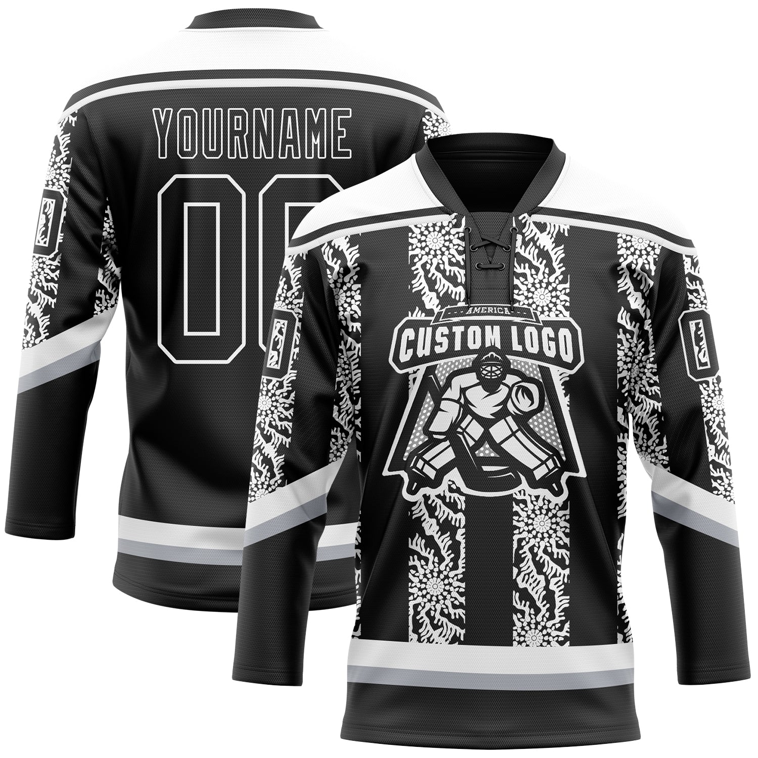 Custom Black Gray-White 3D Pattern Abstract Shape Hockey Lace Neck Jersey view 2