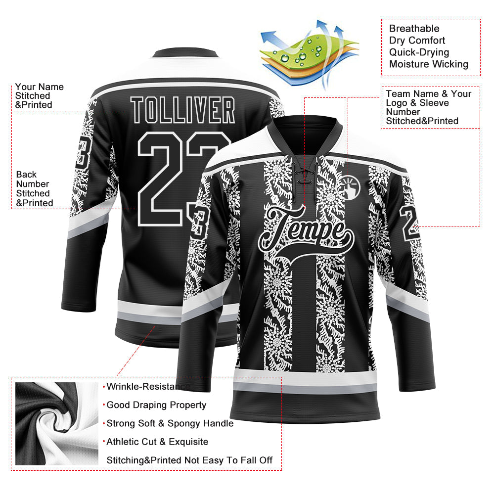 Custom Black Gray-White 3D Pattern Abstract Shape Hockey Lace Neck Jersey view 3