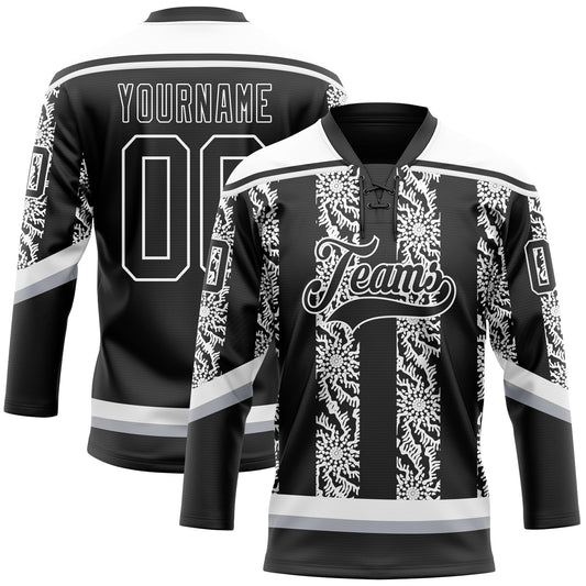 Custom Black Gray-White 3D Pattern Abstract Shape Hockey Lace Neck Jersey - Main View