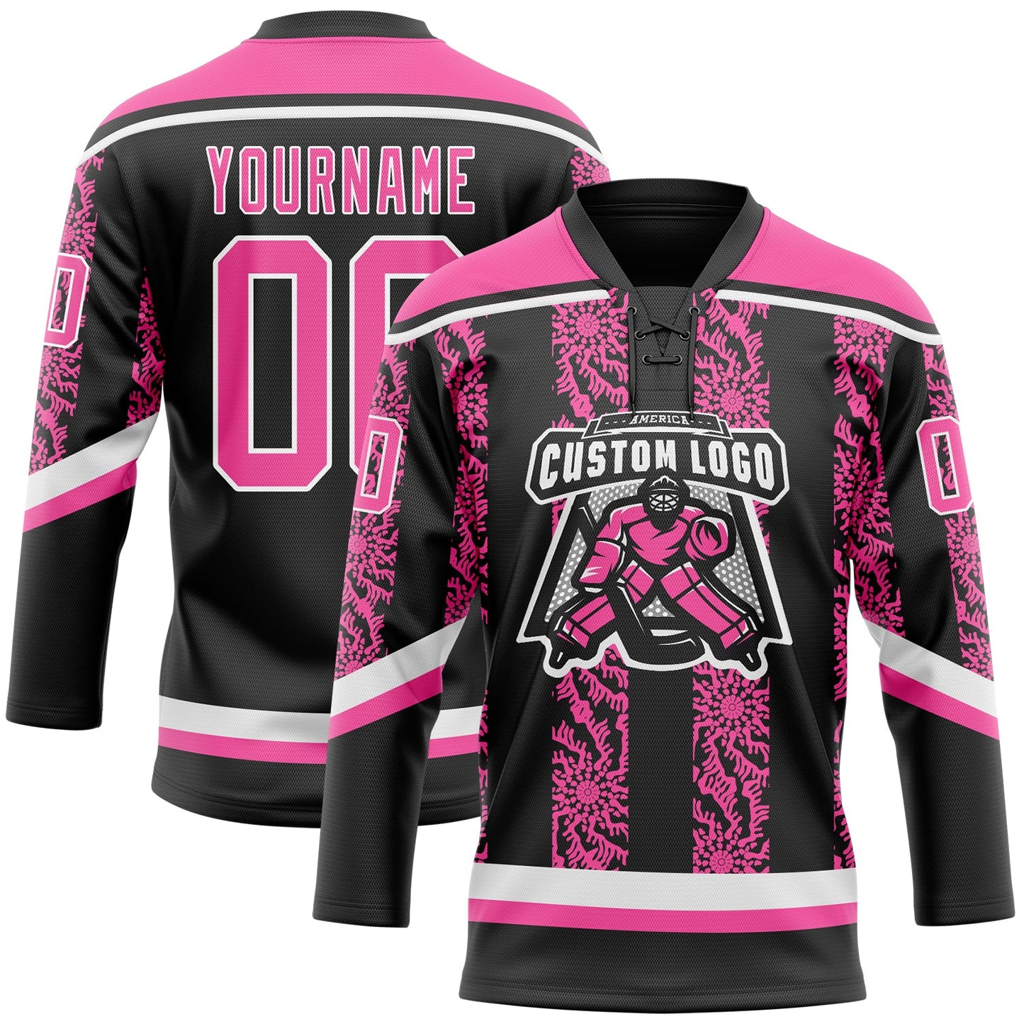 Custom Black Pink-White 3D Pattern Abstract Shape Hockey Lace Neck Jersey view 2