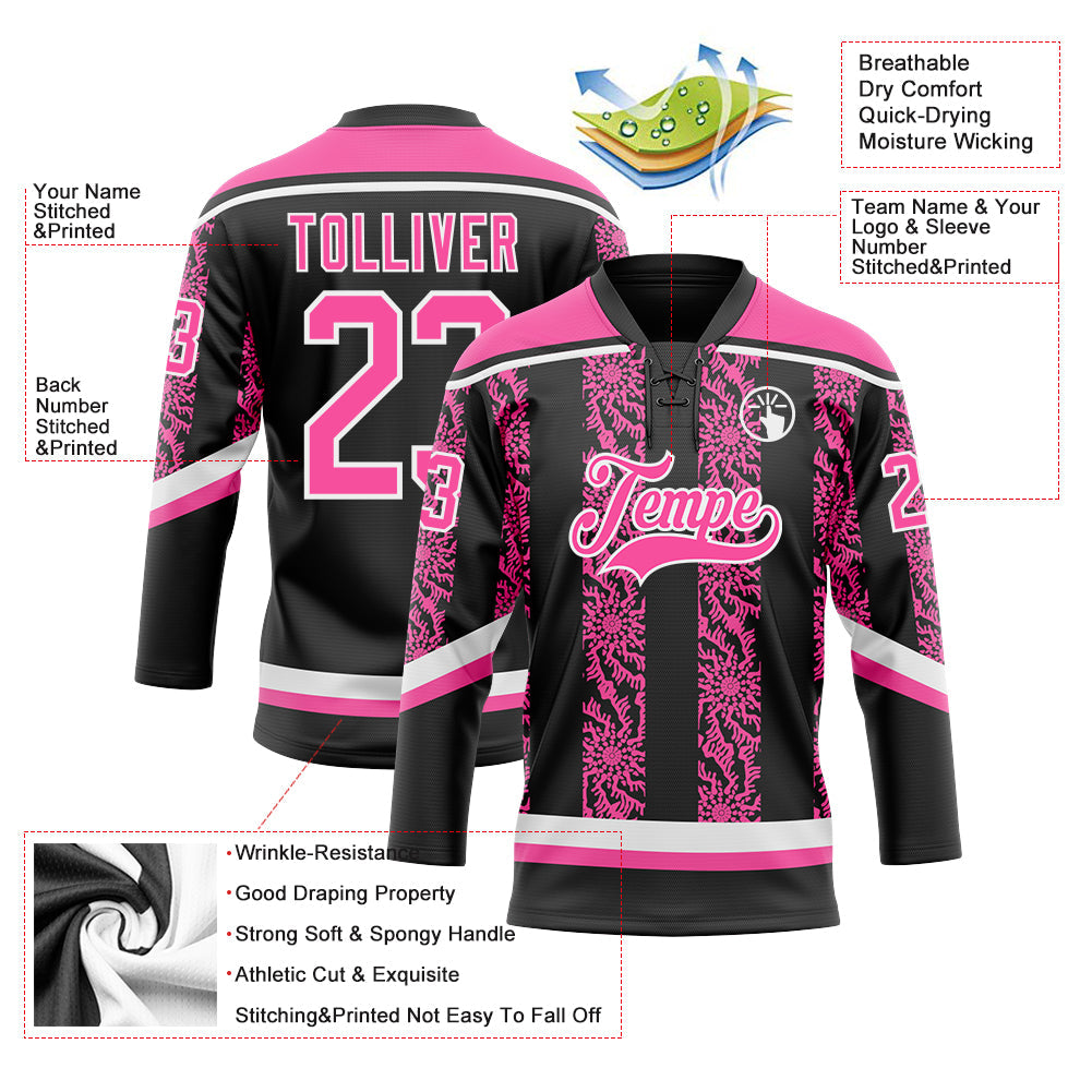 Custom Black Pink-White 3D Pattern Abstract Shape Hockey Lace Neck Jersey view 3