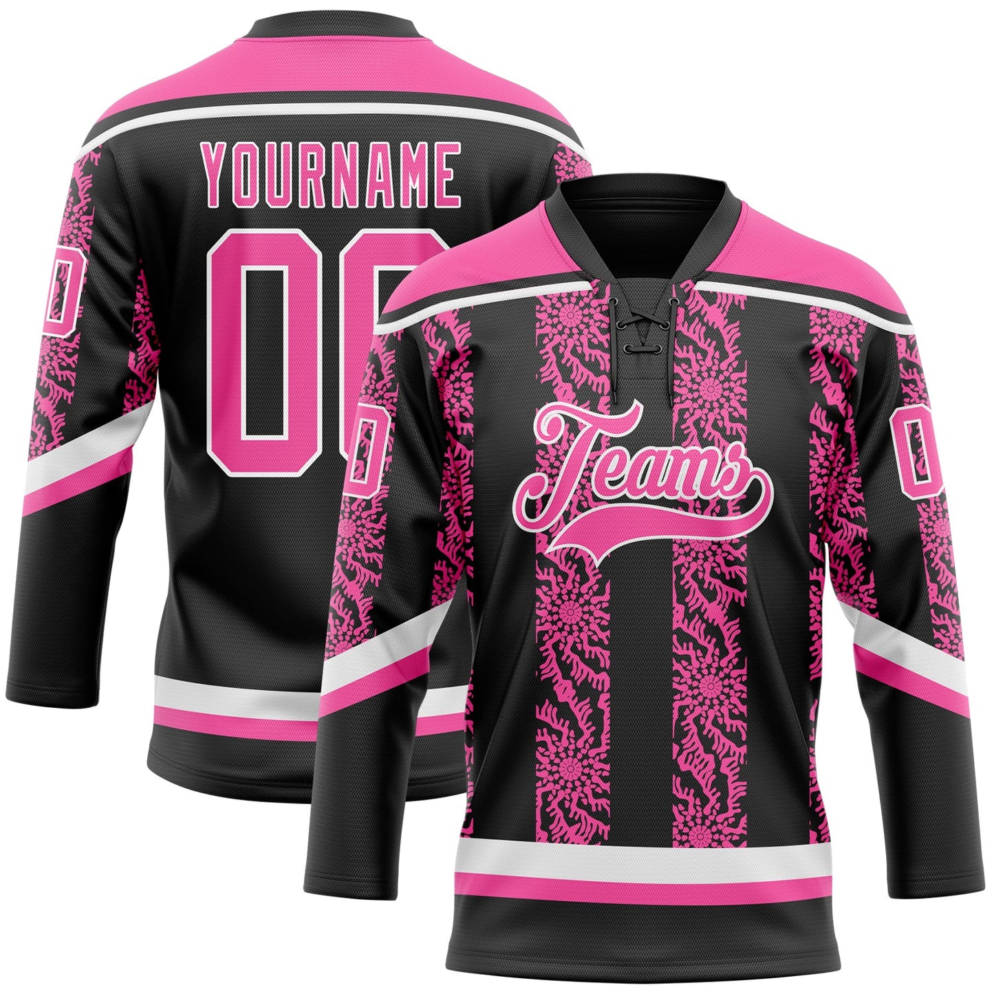 Custom Black Pink-White 3D Pattern Abstract Shape Hockey Lace Neck Jersey - Main View