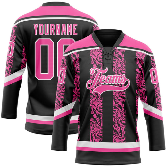 Custom Black Pink-White 3D Pattern Abstract Shape Hockey Lace Neck Jersey - Main View