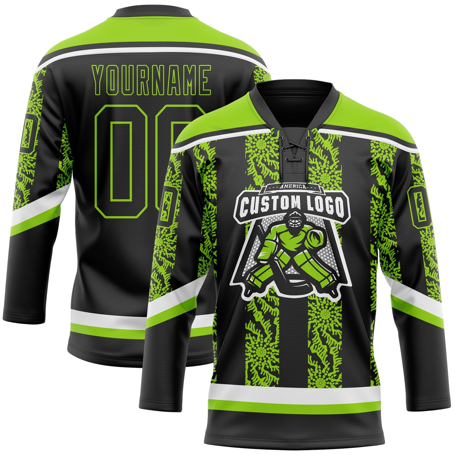 Custom Black Neon Green-White 3D Pattern Abstract Shape Hockey Lace Neck Jersey view 2