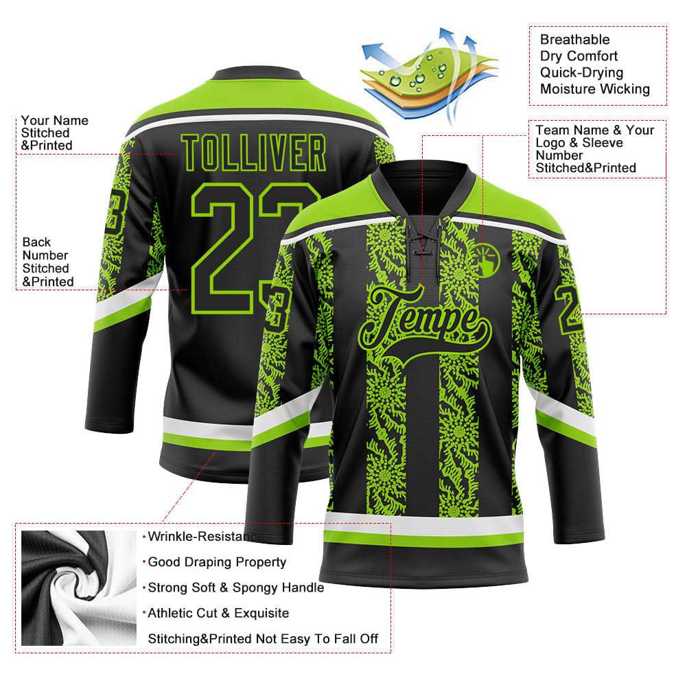 Custom Black Neon Green-White 3D Pattern Abstract Shape Hockey Lace Neck Jersey view 3